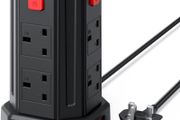 Tower Extension Lead 2M, (13A 3250W) 4 USB Ports and 8 Way Extension Tower, Surge Protection Extension Lead with 4 Independent Control Switch, Extension Cable for Home, Office, Kitchen