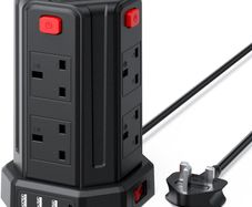 Tower Extension Lead 2M, (13A 3250W) 4 USB Ports and 8 Way Extension Tower, Surge Protection Extension Lead with 4 Independent Control Switch, Extension Cable for Home, Office, Kitchen