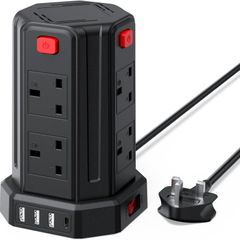 Tower Extension Lead 2M, (13A 3250W) 4 USB Ports and 8 Way Extension Tower, Surge Protection Extension Lead with 4 Independent Control Switch, Extension Cable for Home, Office, Kitchen