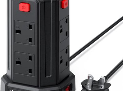 Tower Extension Lead 2M, (13A 3250W) 4 USB Ports and 8 Way Extension Tower, Surge Protection Extension Lead with 4 Independent Control Switch, Extension Cable for Home, Office, Kitchen