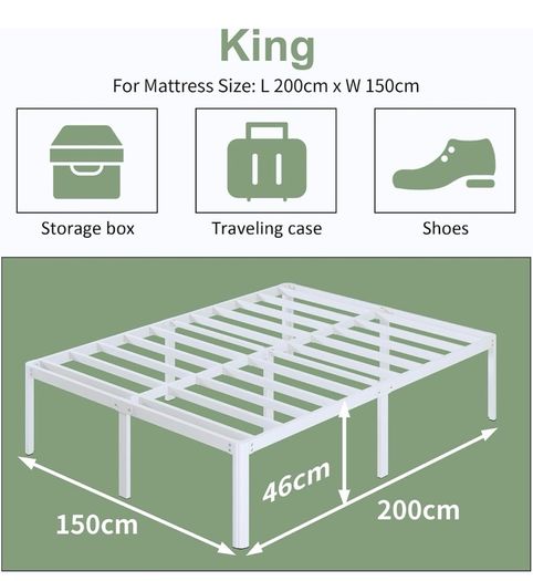 High White King Size Bed Frame 5ft with Rounded Corners, Heavy Duty Metal Bed Frames King Size with Steel Slats, 46 cm High, Ample Space Under-bed, Noise Free, Easy Assembly