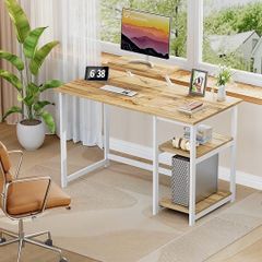 Office Desk with Monitor Stand,100cm Computer Desk with Reversible Storage Shelves,Study Desk for Home and Small Spaces,Oak