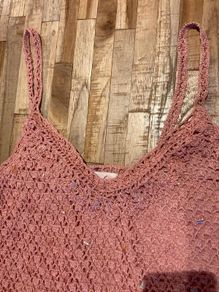 pink crochet dress with handstitched sequins