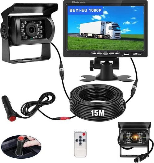 1080P Reversing Camera Kit with 7-Inch HD Monitor, IP68 Waterproof Night Vision Camera, Parking Sensors & 15m Cable for Van, Truck, RV, Bus and Trailer