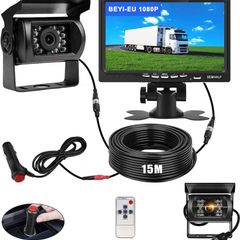 1080P Reversing Camera Kit with 7-Inch HD Monitor, IP68 Waterproof Night Vision Camera, Parking Sensors & 15m Cable for Van, Truck, RV, Bus and Trailer