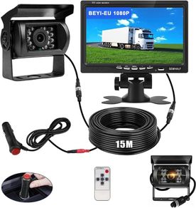 1080P Reversing Camera Kit with 7-Inch HD Monitor, IP68 Waterproof Night Vision Camera, Parking Sensors & 15m Cable for Van, Truck, RV, Bus and Trailer