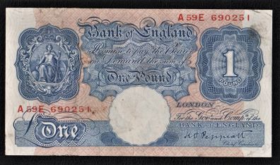 BANK OF ENGLAND 1 Pound A--E Banknote March 1940 (K.O. Peppiatt)