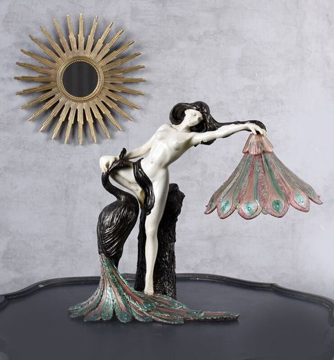 Art Nouveau Pure Extravagant Table Lamp  Lady with Peacock