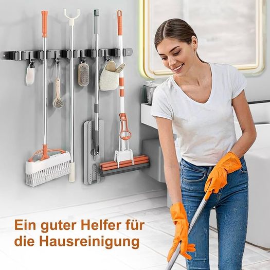 Pack of 2 Broom Holder Wall, 10 Holders + 8 Hooks Stainless Steel Tool Holder, Self-Adhesive Garden Tool Holder and Broom Holder, Black Wall Mount Hanger for Broom