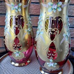 Exquisite Pair of Bohemian Cranberry Art Glass Vases