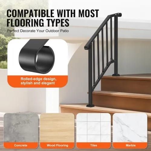 Outdoor Steps, 2-3 Step Stair Hand Rail Kit, Transitional Carbon Steel Railings with Installation Kit, Stair Rails for Seniors, Concrete Steps & Porch & Deck, Black Retro Arch