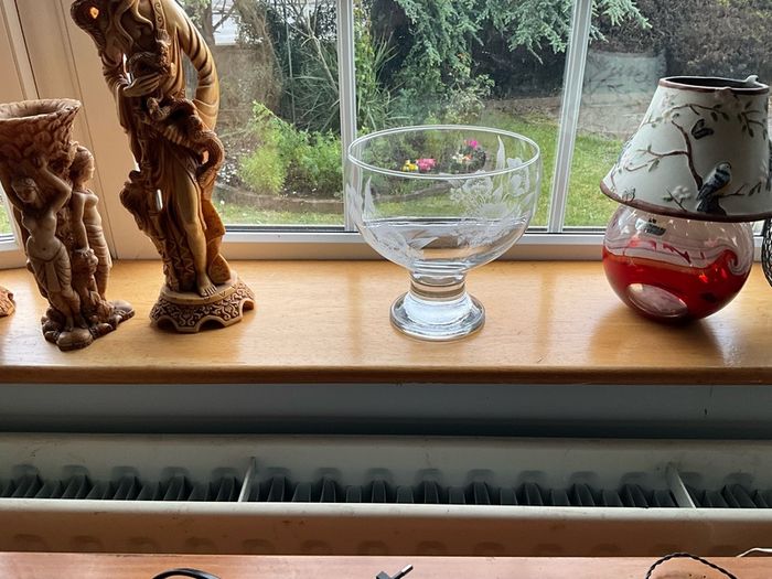 Vintage footed etched glass bowl with floral design