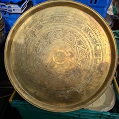 Rare Antique Very Large Heavy Brass Engraved Middle Eastern Decorative Brass Etched Tray