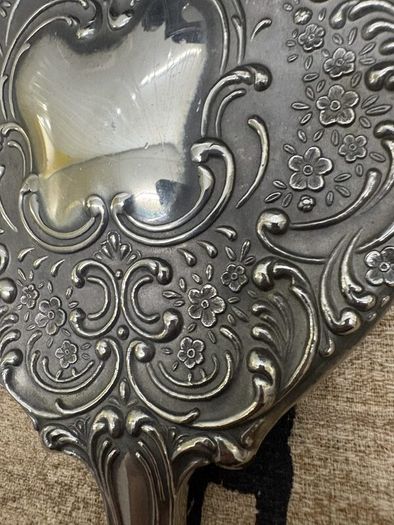 Vintage Ornate Silver-Tone Hand Mirror Floral Embossed Design.