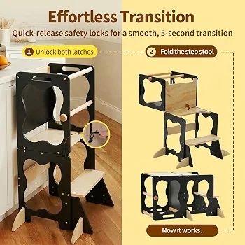 4-in-1 Toddler Standing Tower, Convertible Kids Kitchen Step Stool with Anti-Drop Safety Rail, Multi-Use Learning Helper Tower for Kitchen Counter, with Blackboard (Black & Natural)