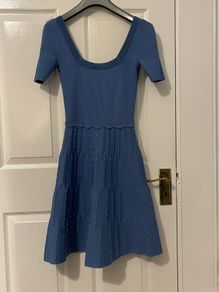 Sandro Blue Knit Beaded Dress - (UK 8/10) -  Square Neck
