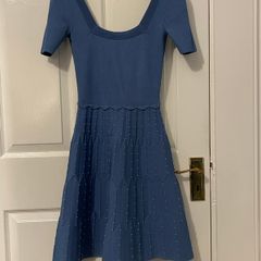 Sandro Blue Knit Beaded Dress - (UK 8/10) -  Square Neck