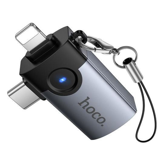 Hoco UA46D Victory iP Male / Type-C Male to USB Female 2-In-1 Adapter Metal Gray