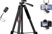 64'' Tripod for iPhone, Phone Tripod with Remote and Mobile Phone Stand for Filming, Aluminum Lightweight Travel Tripod for Samsung Smartphone/DSLR/Camera, Portable Extendable Camera Stand