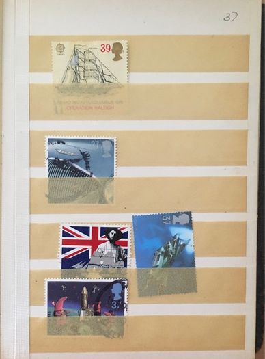Small brown stamp stock book. 13cm x 18.5cm. 24 page / 12 leaf. Album contains used England Stamps with values over 29p