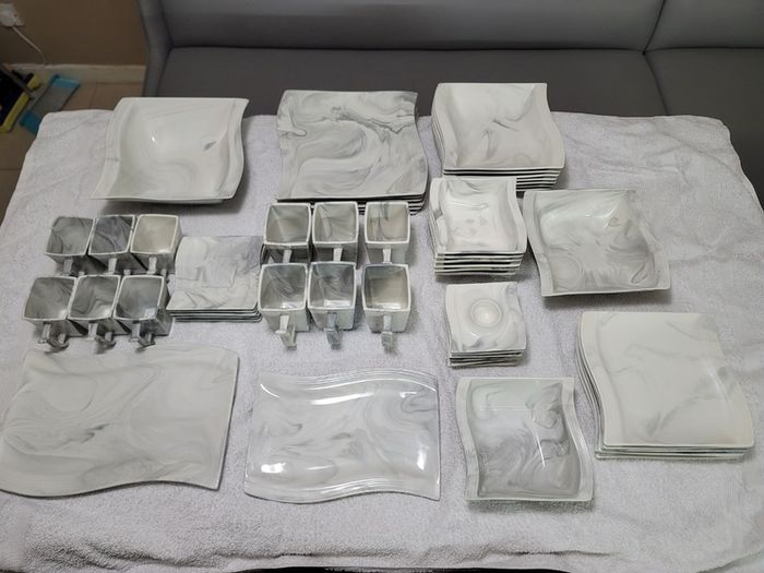 Stylish Modern Porcelain China Square 55 Piece Dinner Set, Marble Grey, Dinnerware, Dinner Party Set. Plates, Cups Mugs Bowls Egg Cups
