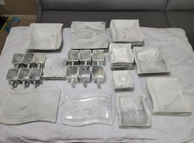 Stylish Modern Porcelain China Square 55 Piece Dinner Set, Marble Grey, Dinnerware, Dinner Party Set. Plates, Cups Mugs Bowls Egg Cups