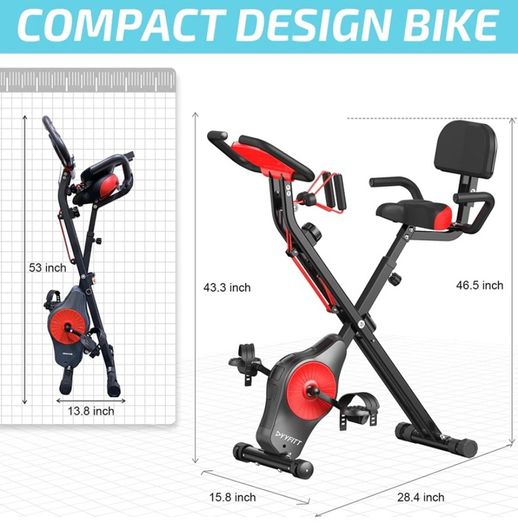 Foldable Fitness Exercise Bike with Resistance Bands, 16 Magnetic Resistance Levels with Pulse Sensor, Phone/Tablet Holder with Smooth and Quiet Cycling (FREE POSTAGE)