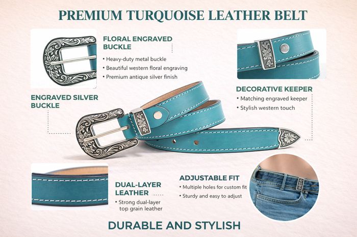Unisex Premium Teal Genuine Leather Belt Vintage Engraved Silver Buckle