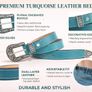 Unisex Premium Teal Genuine Leather Belt Vintage Engraved Silver Buckle Image 6