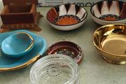 7 trinkelt itmes Large Mint Green Fern Bowl and small bowl DANU Designer Ceramics 20.00 E.Crystal glass lided trinklet dish 15.00 E.Gold dish 10.00E.  Southe afirca bowl smale on 8.00 E. other        larger one 10.00E.  Marccoin one 8.00E.  wood trinklet 