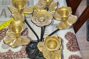 Beautiful Vintage Multi-Branched Candelabra featuring Brass Flower-Shaped Candle Cups and Lily Pad Leaves On top of a Blackened Metal Base. Postage Available or Collection