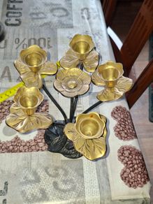 Beautiful Vintage Multi-Branched Candelabra featuring Brass Flower-Shaped Candle Cups and Lily Pad Leaves On top of a Blackened Metal Base. Postage Available or Collection