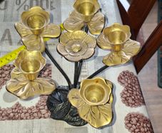 Beautiful Vintage Multi-Branched Candelabra featuring Brass Flower-Shaped Candle Cups and Lily Pad Leaves On top of a Blackened Metal Base. Postage Available or Collection