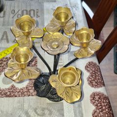 Beautiful Vintage Multi-Branched Candelabra featuring Brass Flower-Shaped Candle Cups and Lily Pad Leaves On top of a Blackened Metal Base. Postage Available or Collection