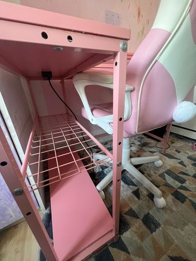 L Shaped Desk with Power Outlets & LED Lights & Pink Gaming Chair for Girls
