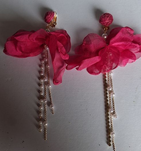 Fuchsia Pink Clip On Tassel Chain Crystal & Pearl Earrings