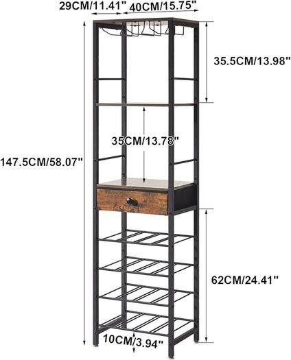 Wine Rack Freestanding Floor with Glass Holder,Brown TMJ905H | Bar Cabinet for Liquor and Glasses 4-Tier Coffee Bar Cabinet Glass Holder and Storage Drawer for Home Kitchen Living Room