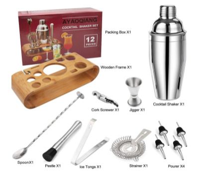 Cocktail Shaker Set Stainless Steel Bamboo Stand