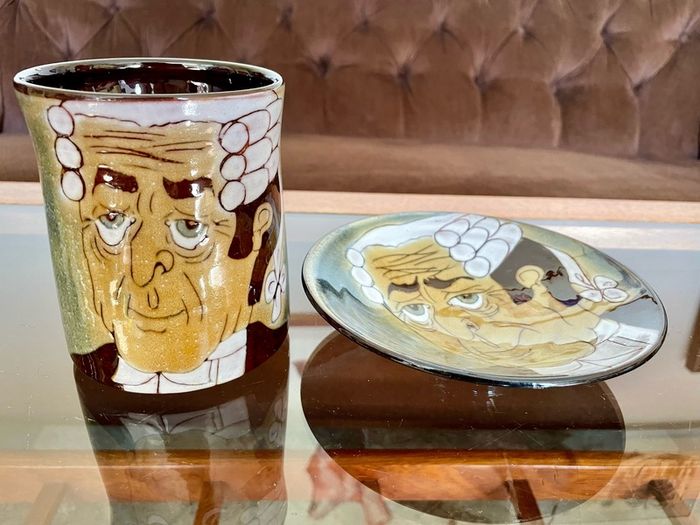 1960s Design English Chelsea Pottery Set Earthenware Glazed Footed Dish and Mug Barrister Judge Collectible