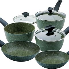 Eco Non Stick Pots and Pans Set 5 Piece Recycled Induction Hob Pan Set with Lids, Soft Grip Stay Cool Handles, Set of 3 Saucepans & Set of 2 Frying Pans, Green