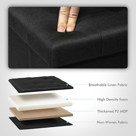 Large Folding Balck Ottoman Storage Box with Lid,Linen Footrest Stool Bedroom Bench Seats,Toy Box Chest Living Room Furniture 76x38x38cm