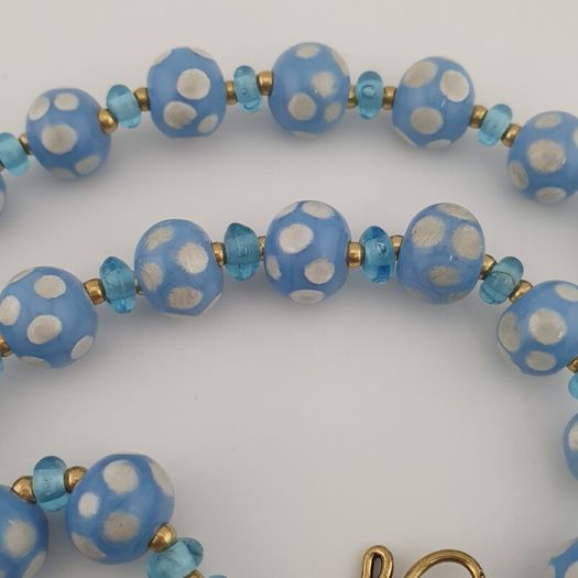 Vintage Venetian Style Light Blue White Dotted Glass Beads Necklace