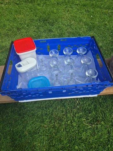 Dessert glasses and plastic tubs