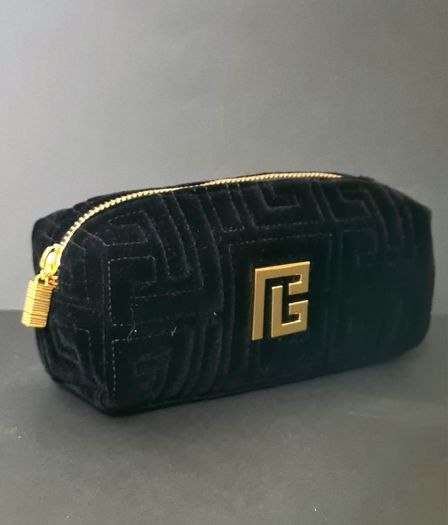 Balmain Black Quilted Velvet Cosmetic Bag, Gold Logo Luxury Pouch