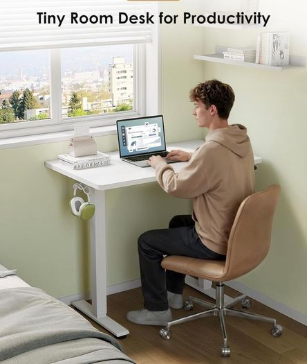 Standing Desk, Small Height Adjustable Desk with 3 Memory Heights 100cm Electric Sit Stand Table for Home Office Workstation, Compact Rising Computer Table for Small Spaces, White
