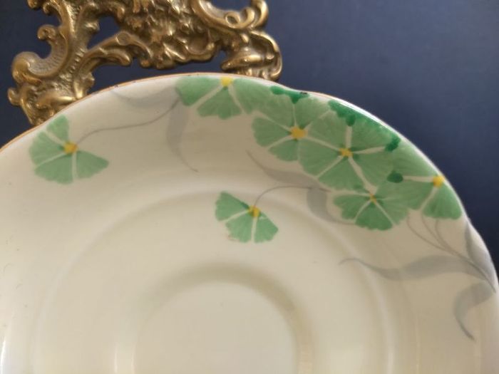 Lovely Set of Six Vintage English Bone China Hand Painted Saucers, (For Use as Petit Fours Plates), with Green Flowers on a Creamy Yellow Base Glaze.