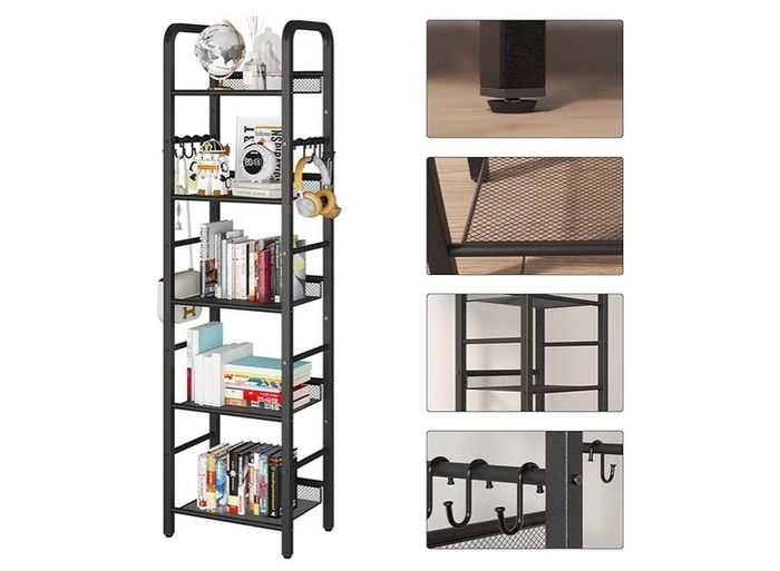 4-Tier Storage Shelf, Metal Shelving Unit, 8Pcs S Hooks, Modern Style, 36 x 27 x 146 cm, Corner Shelf, Display Units for Living Room, Bedroom, Office, Black