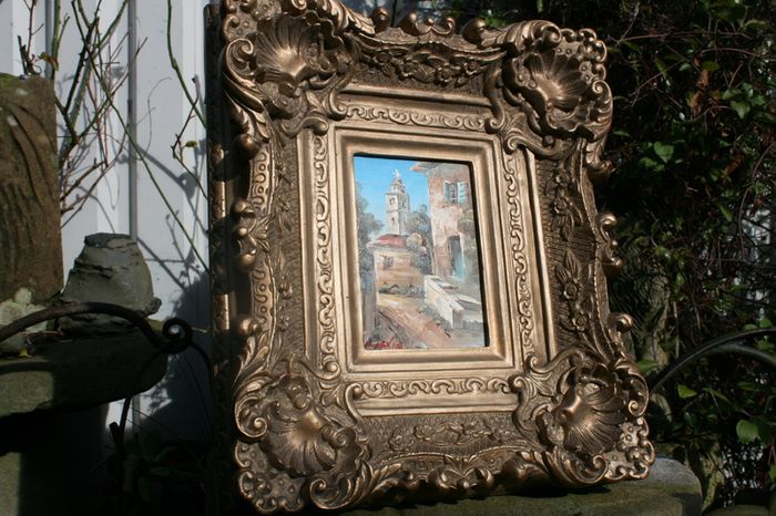 Antique Small oil on canvas painting and gold Louis Style French Deluxe Antique Frame (13,5" x 15,5")