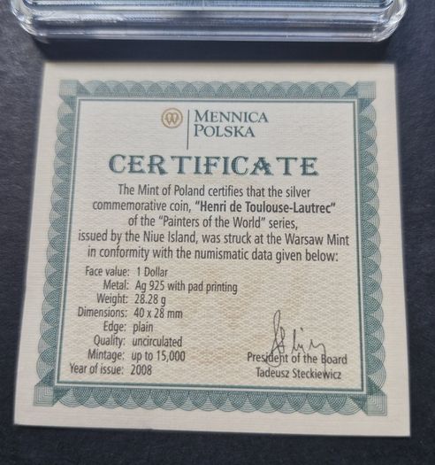 Niue 1 Dollar 2008, Painters Henri de Toulouse-Lautrec Silver Bar with COA .