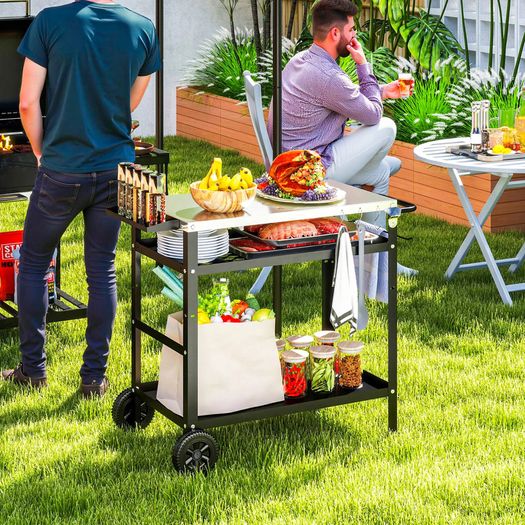 BBQ Trolley with Stainless Steel Top Adjustable Shelf, Outdoor Kitchen BBQ Station with Hooks Seasoning Tray Towel Rack, Pizza Oven Table Movable Outdoor Grill Dining Cart with Cover, Black